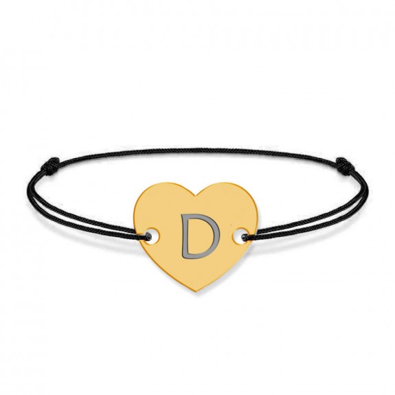 Bratara din argint 925 placat cu aur de 24 karate, Inimioara, litera D, dimensiune reglabila (nod snur), BijuBOX
