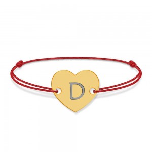 Bratara din argint 925 placat cu aur de 24 karate, Inimioara, litera D, dimensiune reglabila (nod snur), BijuBOX