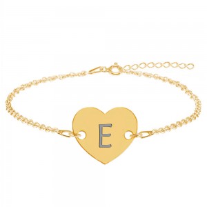 Bratara din argint 925 placat cu aur de 24 karate, Inimioara, litera E, dimensiune 15 + 5 cm, BijuBOX