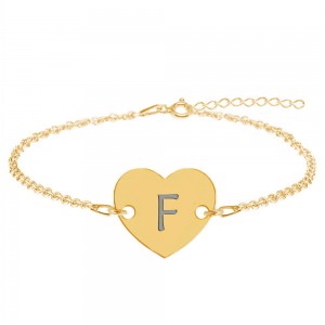Bratara din argint 925 placat cu aur de 24 karate, Inimioara, litera F, dimensiune 15 + 5 cm, BijuBOX