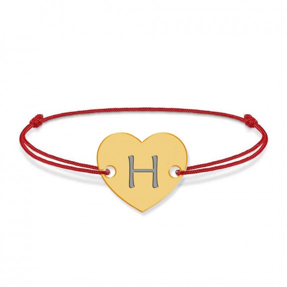 Bratara din argint 925 placat cu aur de 24 karate, Inimioara, litera H, dimensiune reglabila (nod snur), BijuBOX