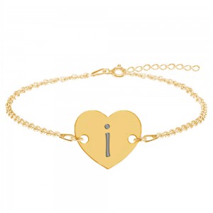 Bratara din argint 925 placat cu aur de 24 karate, Inimioara, litera I, dimensiune 15 + 5 cm, BijuBOX