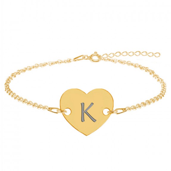 Bratara din argint 925 placat cu aur de 24 karate, Inimioara, litera K, dimensiune 15 + 5 cm, BijuBOX