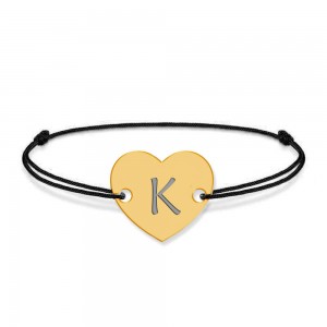 Bratara din argint 925 placat cu aur de 24 karate, Inimioara, litera K, dimensiune reglabila (nod snur), BijuBOX