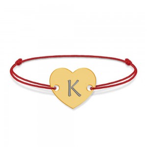 Bratara din argint 925 placat cu aur de 24 karate, Inimioara, litera K, dimensiune reglabila (nod snur), BijuBOX