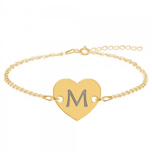 Bratara din argint 925 placat cu aur de 24 karate, Inimioara, litera M, dimensiune 15 + 5 cm, BijuBOX