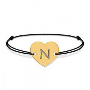 Bratara din argint 925 placat cu aur de 24 karate, Inimioara, litera N, dimensiune reglabila (nod snur), BijuBOX