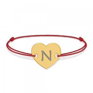 Bratara din argint 925 placat cu aur de 24 karate, Inimioara, litera N, dimensiune reglabila (nod snur), BijuBOX