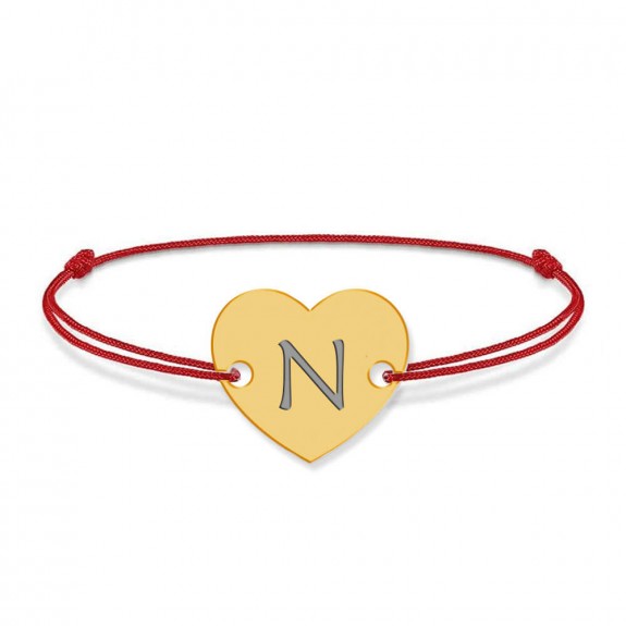 Bratara din argint 925 placat cu aur de 24 karate, Inimioara, litera N, dimensiune reglabila (nod snur), BijuBOX