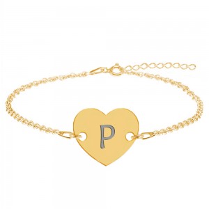 Bratara din argint 925 placat cu aur de 24 karate, Inimioara, litera P, dimensiune 15 + 5 cm, BijuBOX