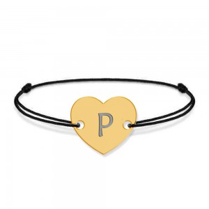 Bratara din argint 925 placat cu aur de 24 karate, Inimioara, litera P, dimensiune reglabila (nod snur), BijuBOX