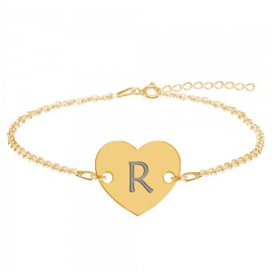 Bratara din argint 925 placat cu aur de 24 karate, Inimioara, litera R, dimensiune 15 + 5 cm, BijuBOX