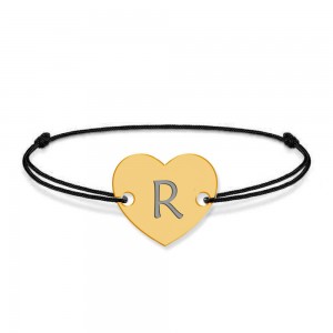 Bratara din argint 925 placat cu aur de 24 karate, Inimioara, litera R, dimensiune reglabila (nod snur), BijuBOX