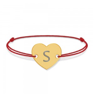 Bratara din argint 925 placat cu aur de 24 karate, Inimioara, litera S, dimensiune reglabila (nod snur), BijuBOX