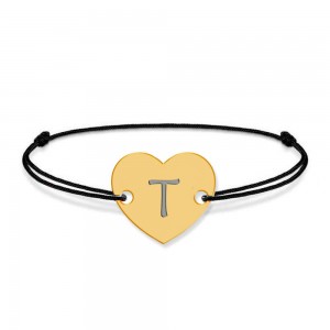 Bratara din argint 925 placat cu aur de 24 karate, Inimioara, litera T, dimensiune reglabila (nod snur), BijuBOX