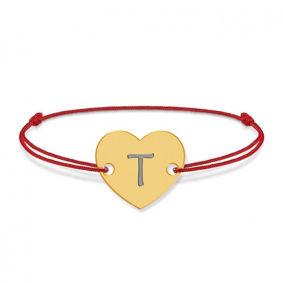 Bratara din argint 925 placat cu aur de 24 karate, Inimioara, litera T, dimensiune reglabila (nod snur), BijuBOX