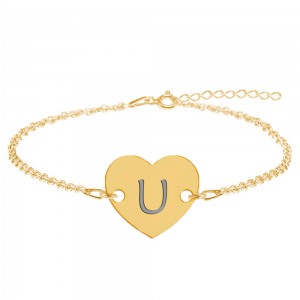 Bratara din argint 925 placat cu aur de 24 karate, Inimioara, litera U, dimensiune 15 + 5 cm, BijuBOX