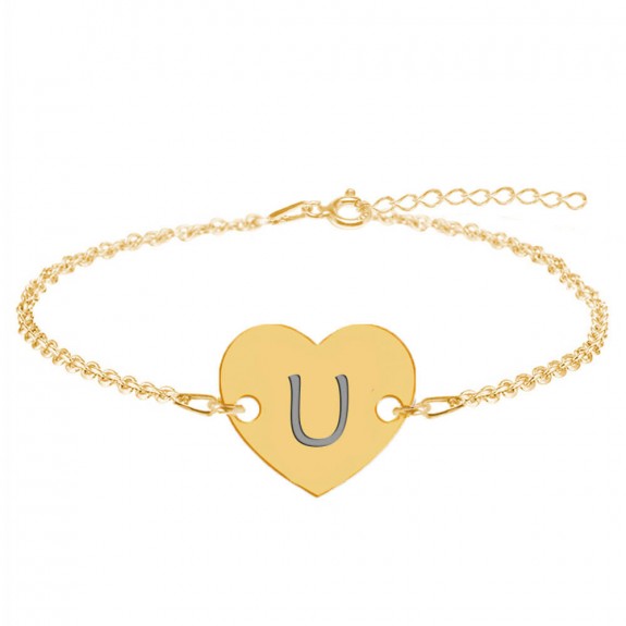 Bratara din argint 925 placat cu aur de 24 karate, Inimioara, litera U, dimensiune 15 + 5 cm, BijuBOX