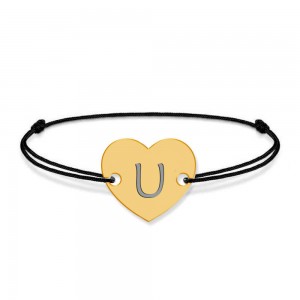 Bratara din argint 925 placat cu aur de 24 karate, Inimioara, litera U, dimensiune reglabila (nod snur), BijuBOX
