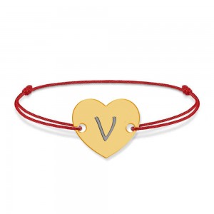 Bratara din argint 925 placat cu aur de 24 karate, Inimioara, litera V, dimensiune reglabila (nod snur), BijuBOX