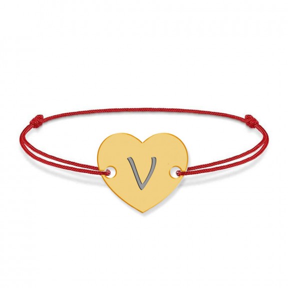 Bratara din argint 925 placat cu aur de 24 karate, Inimioara, litera V, dimensiune reglabila (nod snur), BijuBOX Bratara din argint 925 placat cu aur de 24 karate, Inimioara, litera V, dimensiune reglabila (nod snur), BijuBOX