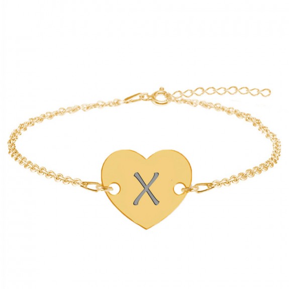 Bratara din argint 925 placat cu aur de 24 karate, Inimioara, litera X, dimensiune 15 + 5 cm, BijuBOX