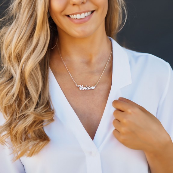 Colier Argint, Inimioara, Nume Violeta , 45 cm