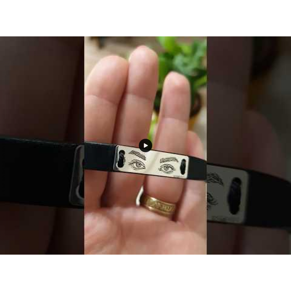 Eyes - Bratara personalizata cu fotografia ochilor cu piele si tablita din argint 925 placat cu aur galben 24K