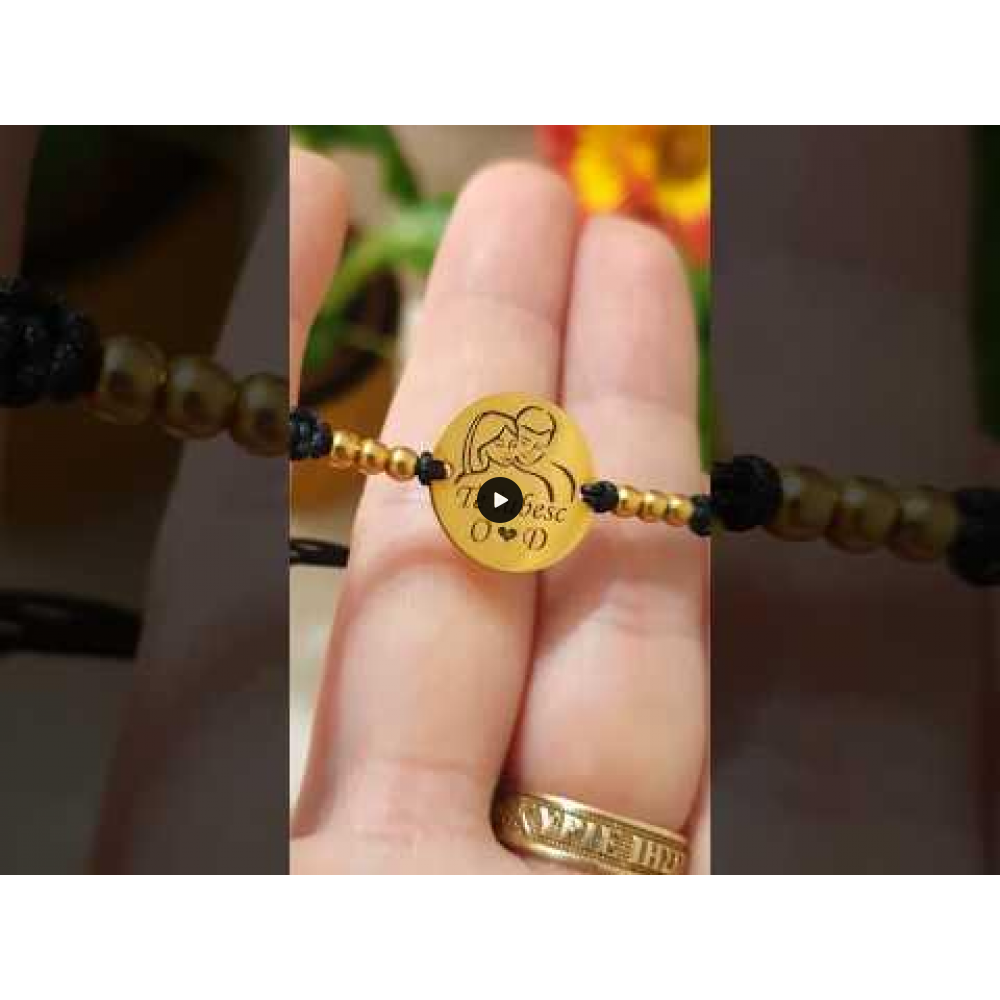 Me - Bratara personalizata snur impletit cu fotografie, 6 bile si banut din argint 925 placat cu aur galben 24 karate