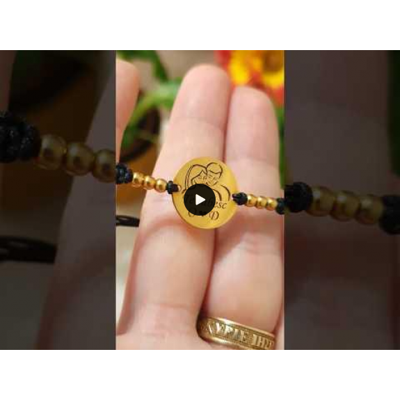 Me - Bratara personalizata snur impletit cu fotografie, 6 bile si banut din argint 925 placat cu aur galben 24 karate