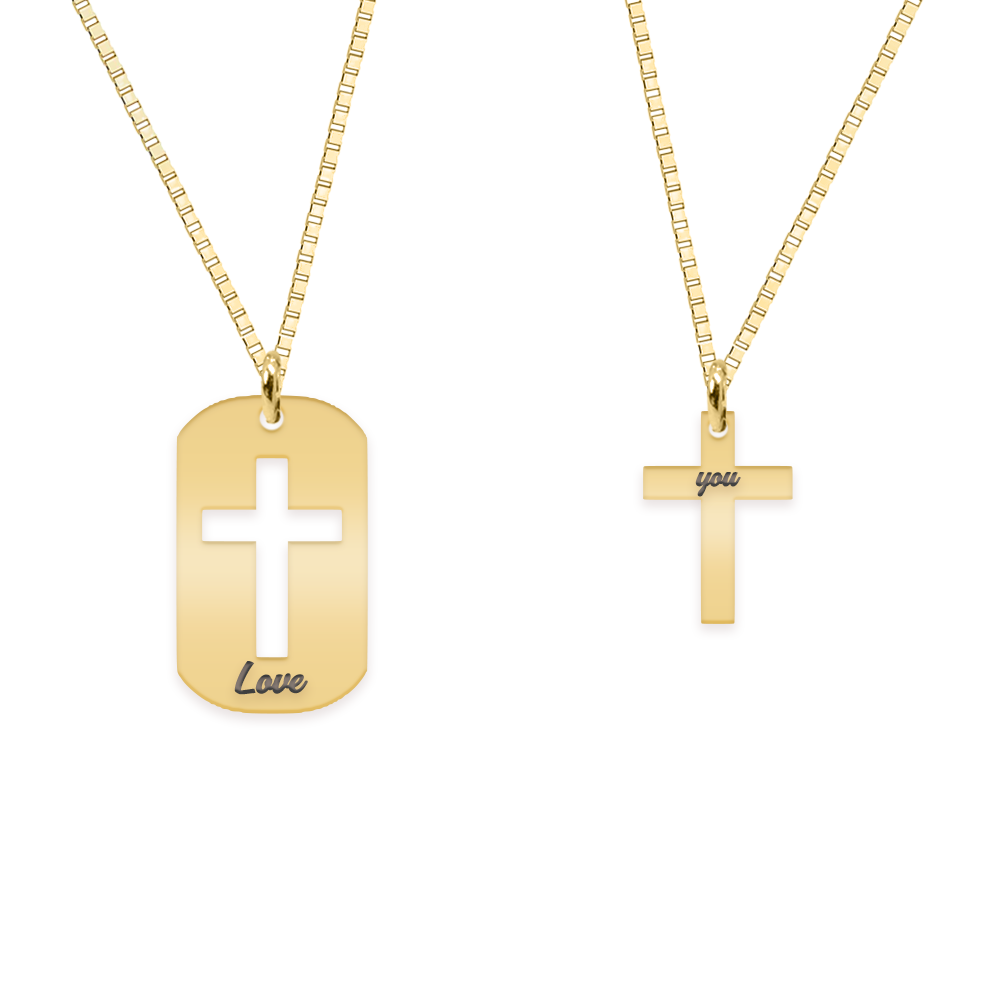 Credo - Set coliere personalizate pentru cuplu dog tag si cruciulita din argint 925 placat cu aur galben 24K