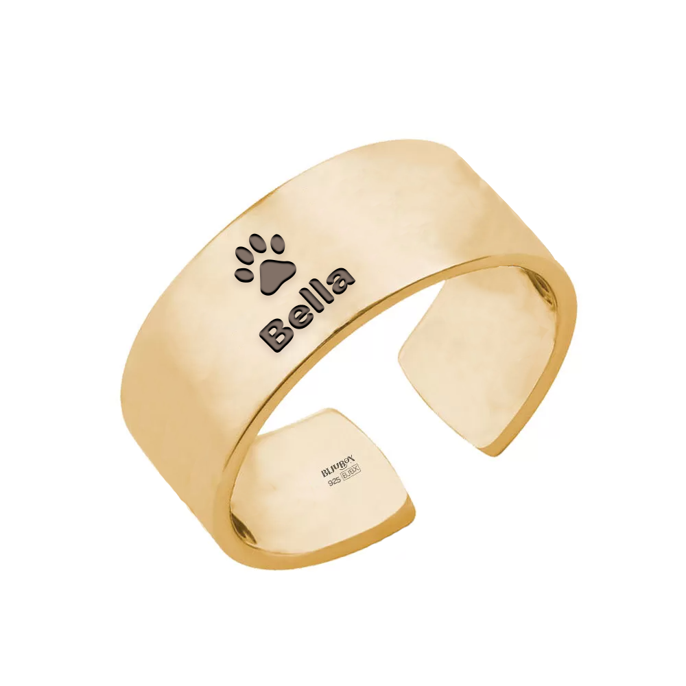 Paw Lover - Inel reglabil personalizat labuta si nume din argint 925 placat cu aur galben 24K