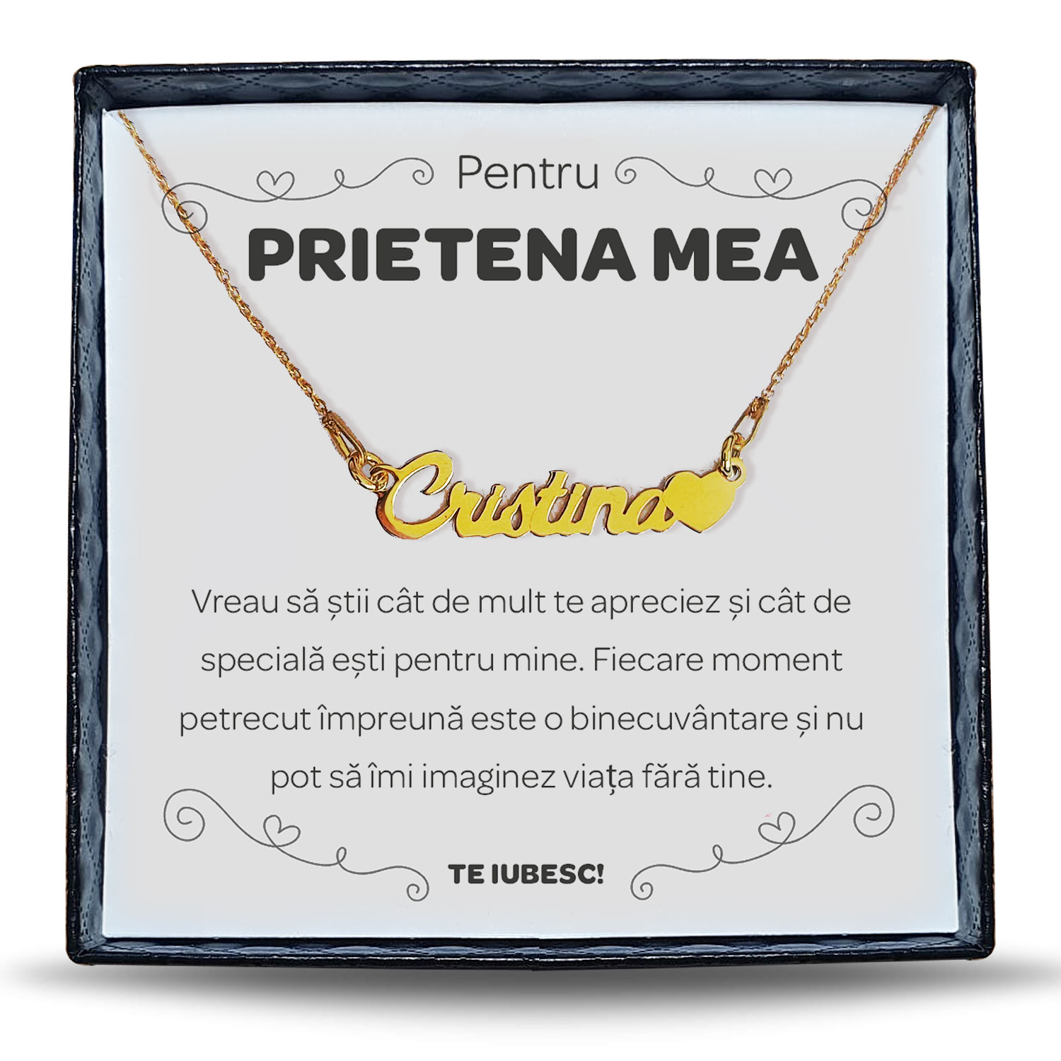 felicitare cu ziua de nastere pentru prietena Pentru Prietena - Colier Personalizat cu Nume la alegere din argint placat cu aur 24K + cutiuta cu mesaj personalizat pentru Prietena