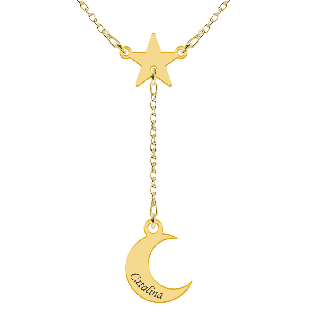 Star- Colier personalizat din argint placat cu aur galben 24K cu cristal – Stea si luna
