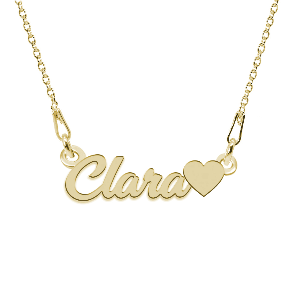 Colier argint placat cu aur 24 karate, inimioara, nume clara, bijouxmag, 45 cm